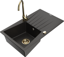 Mexen Cesar granite sink 1-bowl with drainer and Telma kitchen faucet, black/gold - 6514-75-670200-50