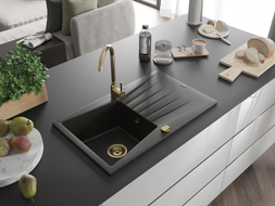 Mexen Cesar granite sink 1-bowl with drainer and Telma kitchen faucet, black/gold - 6514-75-670200-50