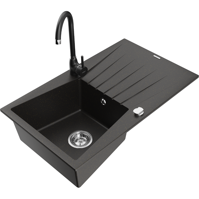 Mexen Cesar 1-bowl granite kitchen sink with drainer and Telma tap, black/gold - 6514-75-670200-70