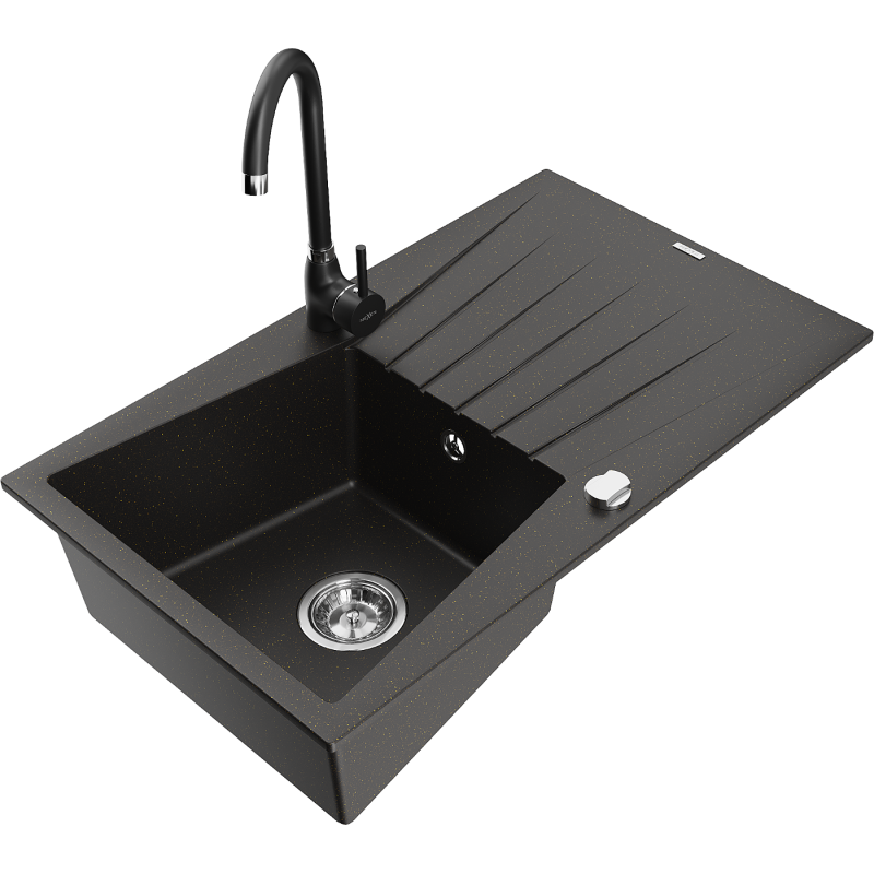 Mexen Cesar granite sink 1-bowl with drainer and kitchen tap Telma, black/gold - 6514-75-670200-70