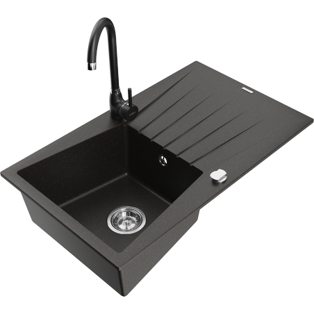 Mexen Cesar 1-compartment granite sink with a drip tray and kitchen mixer tap Telma, Black/Gold - 6514-75-670200-70