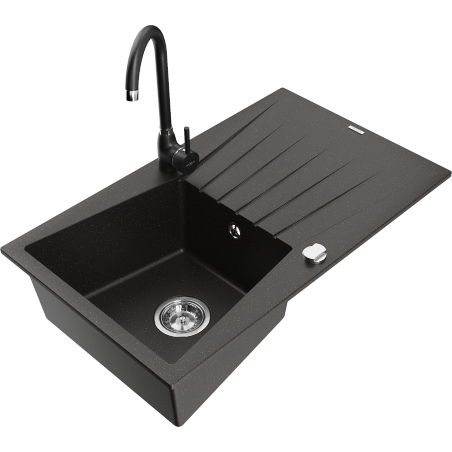 Mexen Cesar granite sink 1-bowl with drainer and kitchen tap Telma, black/gold - 6514-75-670200-70