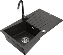 Mexen Cesar 1-bowl granite kitchen sink with drainer and Telma tap, black/gold - 6514-75-670200-70