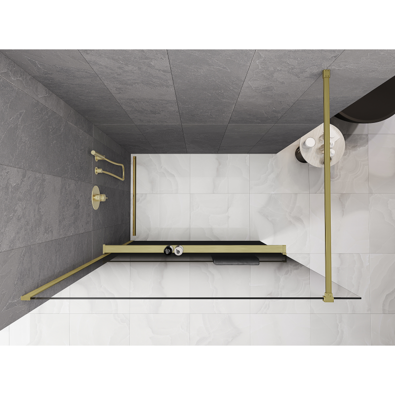 Mexen Kioto+ shower wall with Walk-in shelf 110 x 200 cm, ombre black 8 mm, brushed gold - 800-110-121-55-76