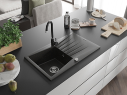 Mexen Cesar granite sink 1-bowl with drainer and kitchen tap Telma, black/gold - 6514-75-670200-70