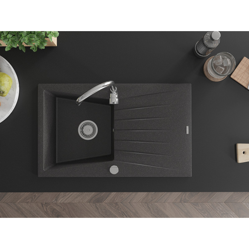 Mexen Cesar granite single-bowl sink with drainer and kitchen faucet Telma, speckled black - 6514-76-670200-00
