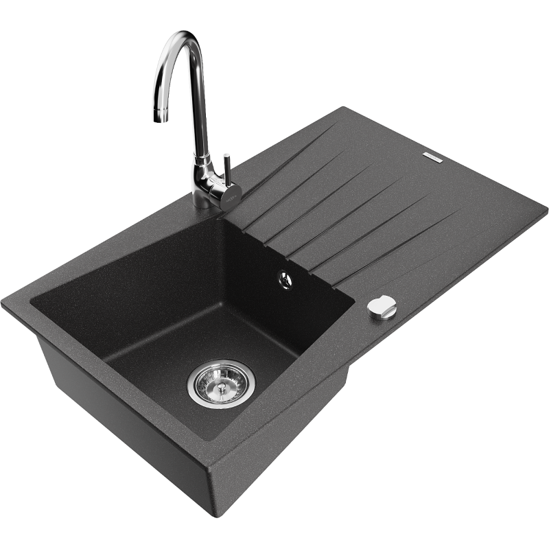 Mexen Cesar 1-bowl granite sink with drainer and Telma kitchen tap, black speckled - 6514-76-670200-00