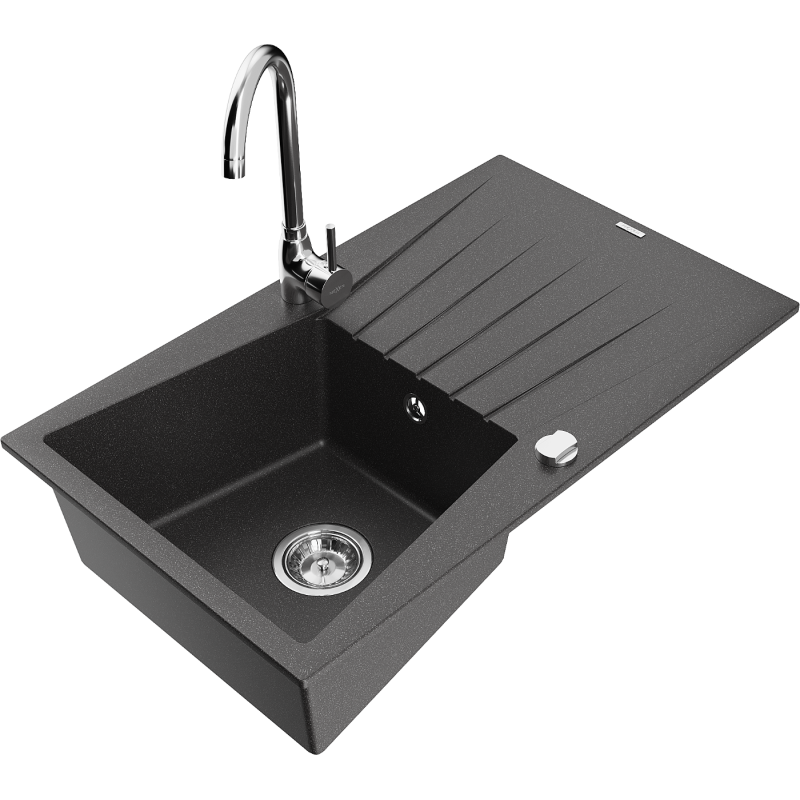Mexen Cesar 1-compartment granite sink with a drip tray and kitchen mixer tap Telma, Spotted black - 6514-76-670200-00