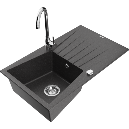 Mexen Cesar 1-bowl granite sink with drainer and Telma kitchen tap, black speckled - 6514-76-670200-00