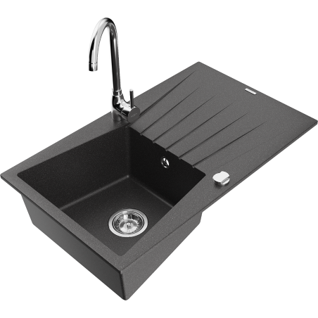 Mexen Cesar granite single-bowl sink with drainer and kitchen faucet Telma, speckled black - 6514-76-670200-00