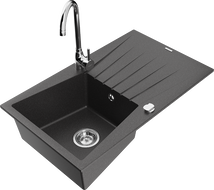 Mexen Cesar 1-bowl granite sink with drainer and Telma kitchen tap, black speckled - 6514-76-670200-00