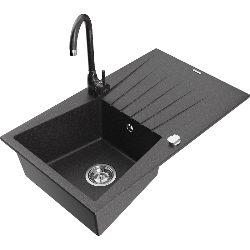 Mexen Cesar 1-compartment granite sink with a drip tray and kitchen mixer tap Telma, Spotted black - 6514-76-670200-76