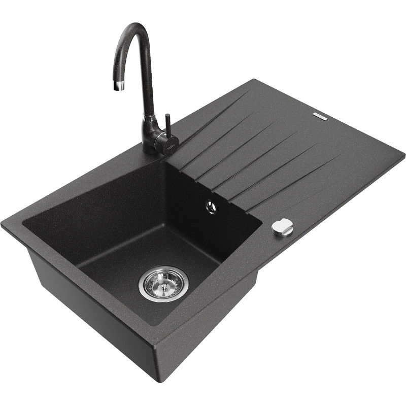 Mexen Cesar granite 1-bowl sink with drainer and Telma kitchen faucet, speckled black - 6514-76-670200-76