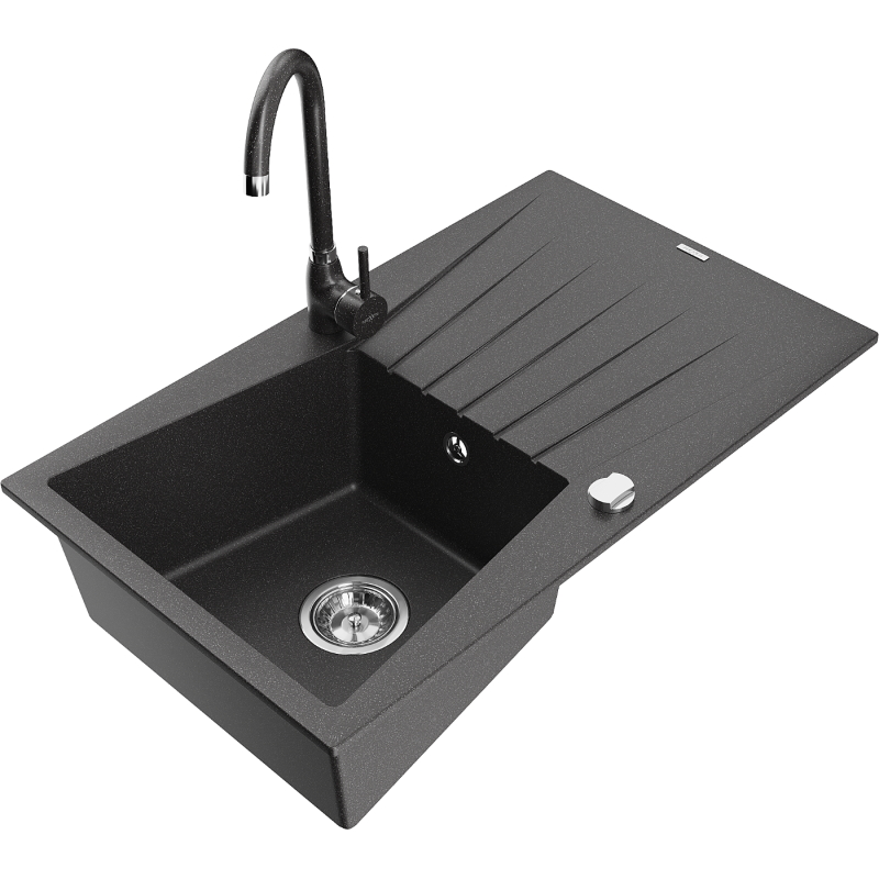 Mexen Cesar granite sink 1-bowl with drainer and Telma kitchen tap, black speckled - 6514-76-670200-76