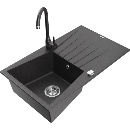 Mexen Cesar granite 1-bowl sink with drainer and Telma kitchen faucet, speckled black - 6514-76-670200-76