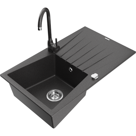 Mexen Cesar granite sink 1-bowl with drainer and Telma kitchen tap, black speckled - 6514-76-670200-76