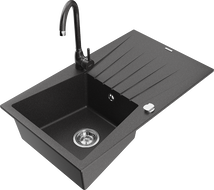 Mexen Cesar granite sink 1-bowl with drainer and Telma kitchen tap, black speckled - 6514-76-670200-76