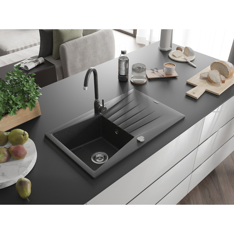 Mexen Cesar granite 1-bowl sink with drainer and Telma kitchen faucet, speckled black - 6514-76-670200-76