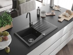 Mexen Cesar granite 1-bowl sink with drainer and Telma kitchen faucet, speckled black - 6514-76-670200-76