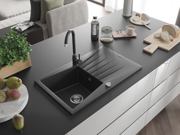 Mexen Cesar granite sink 1-bowl with drainer and Telma kitchen tap, black speckled - 6514-76-670200-76