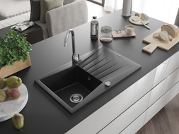 Mexen Cesar granite kitchen sink 1-bowl with drainer and kitchen faucet Telma, black - 6514-77-670200-00