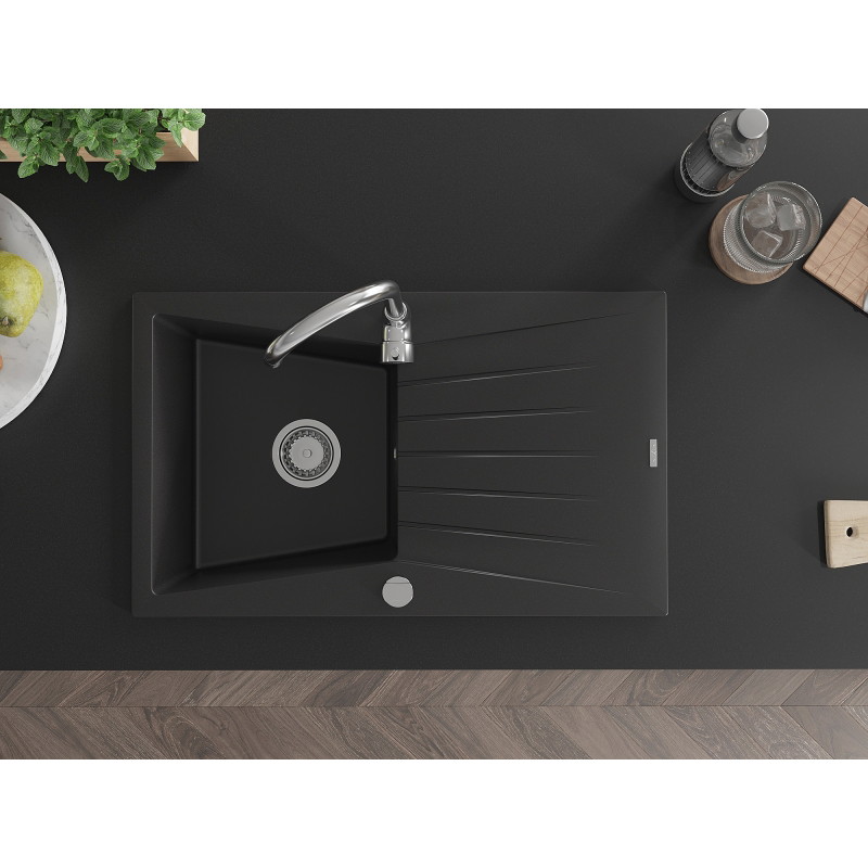 Mexen Cesar granite kitchen sink 1-bowl with drainer and kitchen faucet Telma, black - 6514-77-670200-00