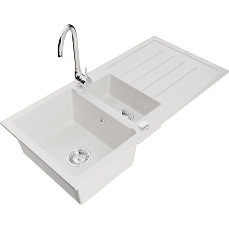 Mexen Andres 1.5-bowl granite kitchen sink with drainer and Telma faucet, white - 6515-20-670200-00