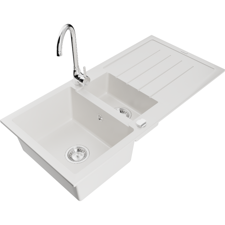 Mexen Andres granite sink 1.5-bowl with drainer and Telma kitchen tap, white - 6515-20-670200-00