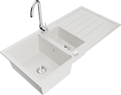 Mexen Andres 1.5-bowl granite kitchen sink with drainer and Telma faucet, white - 6515-20-670200-00