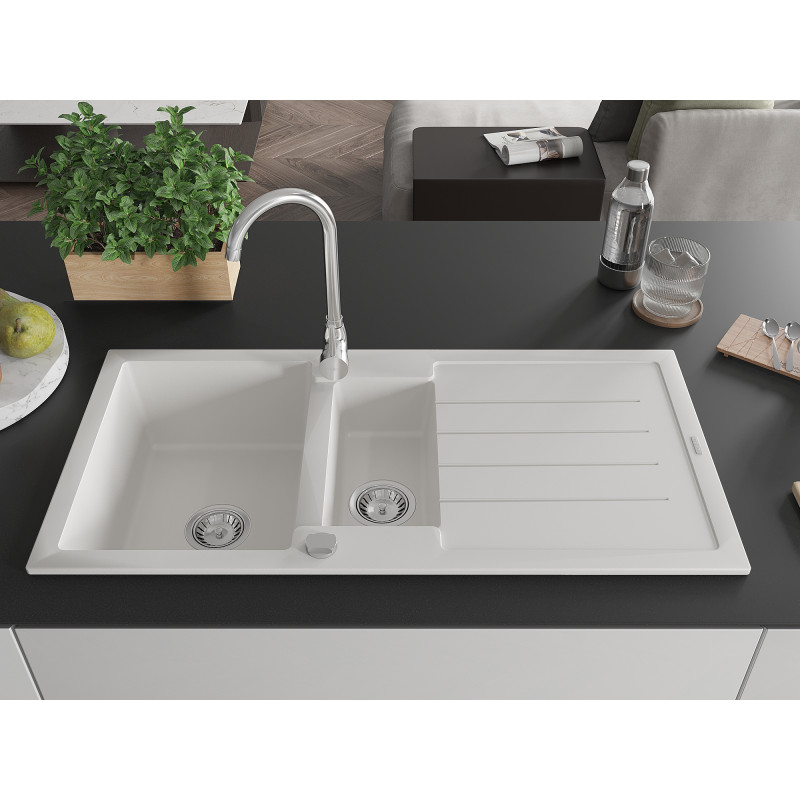 Mexen Andres 1.5-bowl granite kitchen sink with drainer and Telma faucet, white - 6515-20-670200-00