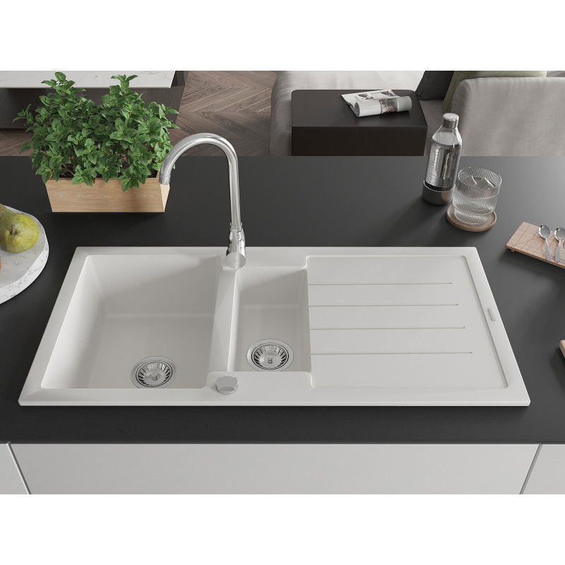 Mexen Andres granite sink 1.5-bowl with drainer and Telma kitchen tap, white - 6515-20-670200-00