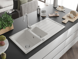 Mexen Andres 1.5-bowl granite kitchen sink with drainer and Telma faucet, white - 6515-20-670200-00