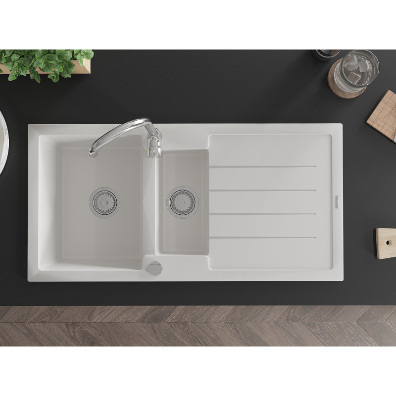 Mexen Andres 1.5-bowl granite kitchen sink with drainer and Telma faucet, white - 6515-20-670200-00