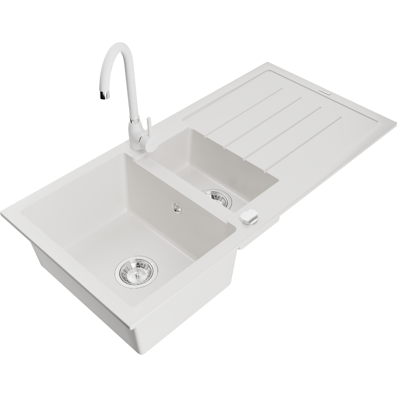 Mexen Andres 1.5-compartment granite sink with a drip tray and kitchen mixer tap Telma, White - 6515-20-670200-20