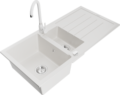 Mexen Andres granite sink 1.5-bowl with drainer and Telma kitchen faucet, white - 6515-20-670200-20
