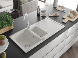 Mexen Andres granite sink 1.5-bowl with drainer and Telma kitchen faucet, white - 6515-20-670200-20