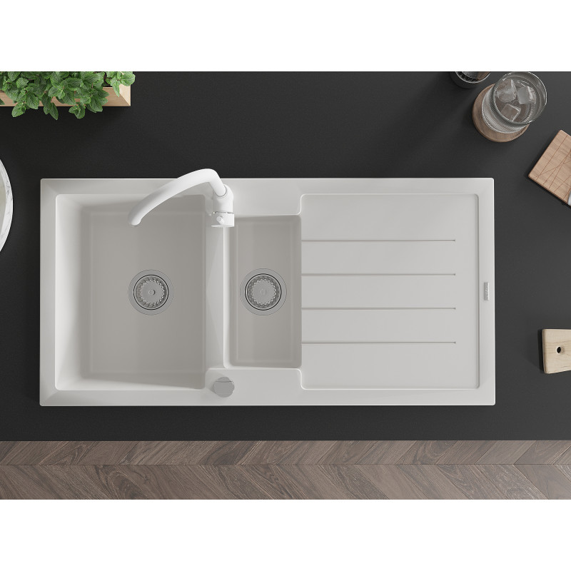 Mexen Andres granite sink 1.5-bowl with drainer and Telma kitchen faucet, white - 6515-20-670200-20