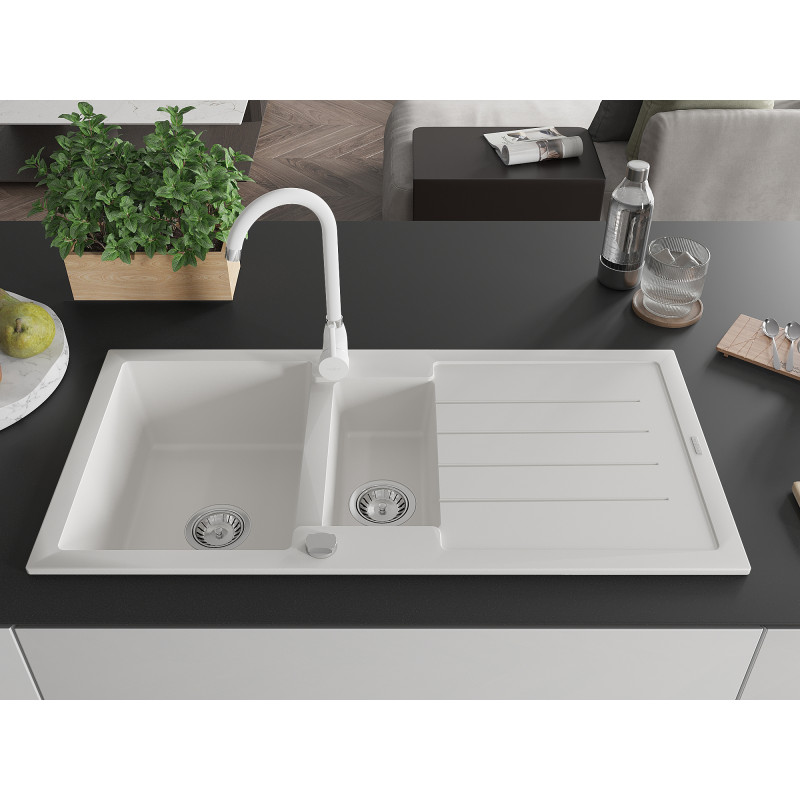 Mexen Andres granite sink 1.5-bowl with drainer and Telma kitchen faucet, white - 6515-20-670200-20