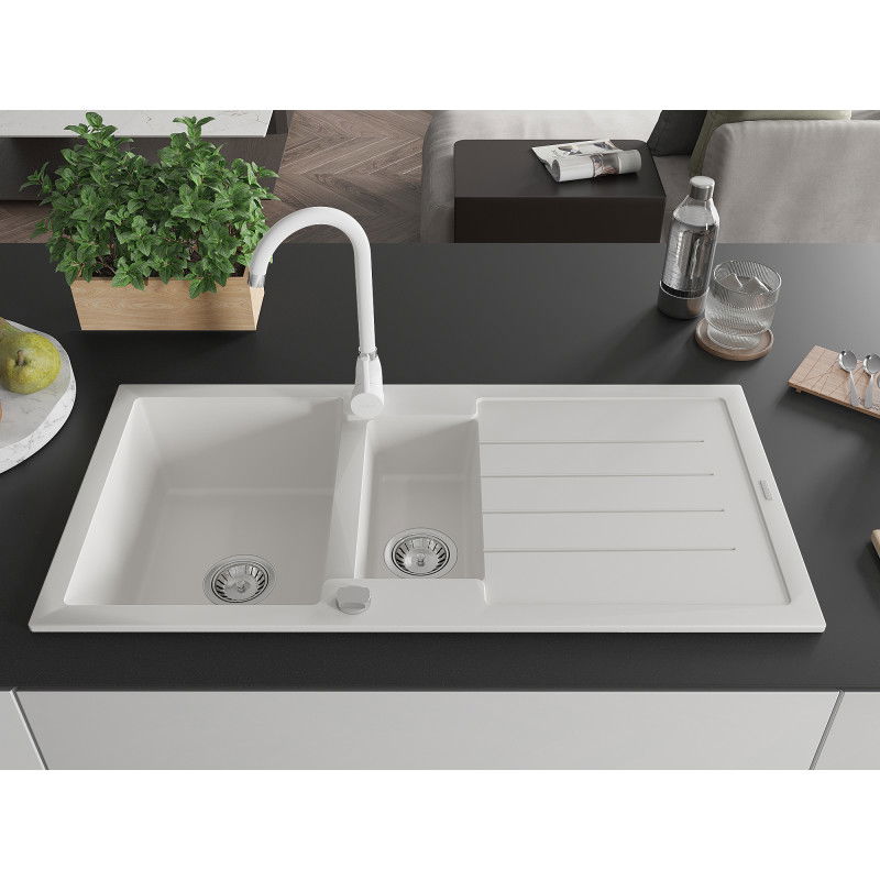 Mexen Andres granite sink 1.5-bowl with drainer and Telma kitchen tap, white - 6515-20-670200-20