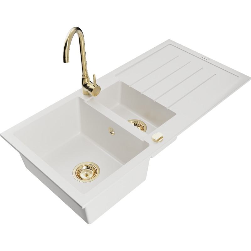 Mexen Andres 1.5-bowl granite sink with drainer and Telma kitchen faucet, white - 6515-20-670200-50