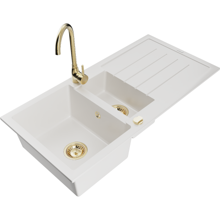 Mexen Andres 1.5-bowl granite sink with drainer and Telma kitchen faucet, white - 6515-20-670200-50