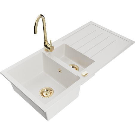 Mexen Andres granite kitchen sink 1.5-bowl with drainer and Telma kitchen faucet, white - 6515-20-670200-50