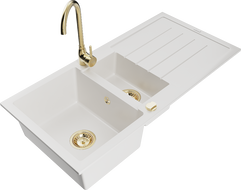 Mexen Andres 1.5-compartment granite sink with a drip tray and kitchen mixer tap Telma, White - 6515-20-670200-50