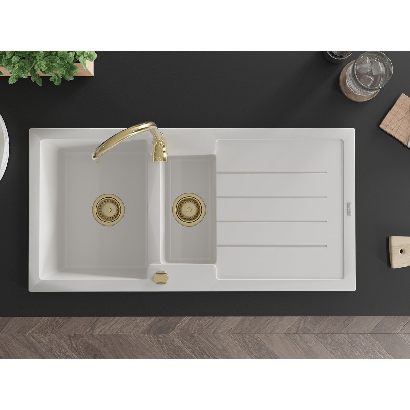 Mexen Andres 1.5-bowl granite sink with drainer and Telma kitchen faucet, white - 6515-20-670200-50