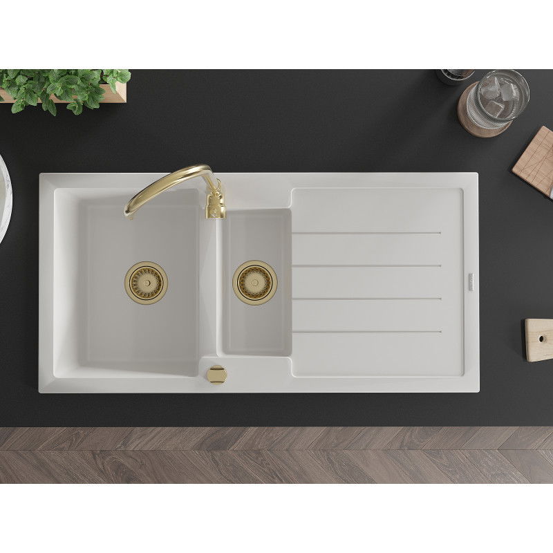 Mexen Andres granite sink 1.5-bowl with drainer and Telma kitchen tap, white - 6515-20-670200-50