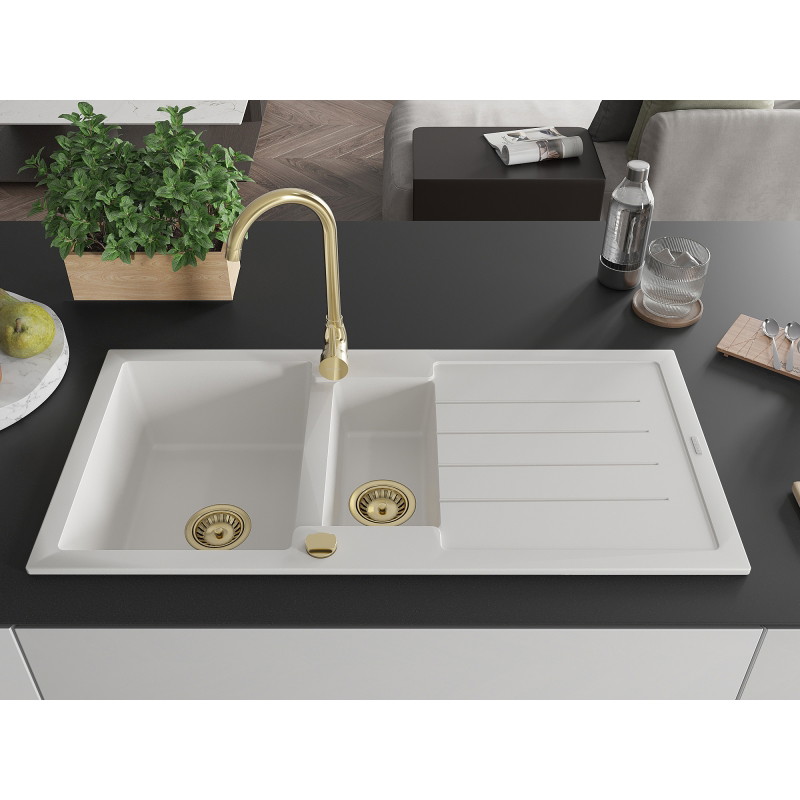 Mexen Andres 1.5-bowl granite sink with drainer and Telma kitchen faucet, white - 6515-20-670200-50
