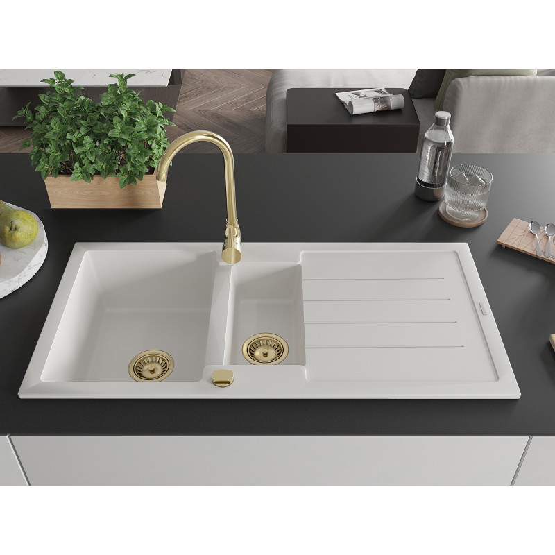 Mexen Andres granite kitchen sink 1.5-bowl with drainer and Telma kitchen faucet, white - 6515-20-670200-50