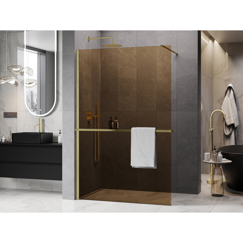 Mexen Kioto+ shower wall with shelf Walk-in 80 x 200 cm, bronze 8 mm, brushed gold - 800-080-121-55-32