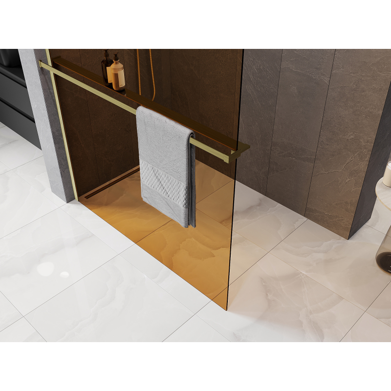 Mexen Kioto+ shower wall with shelf Walk-in 90 x 200 cm, bronze 8 mm, gold brushed - 800-090-121-55-32