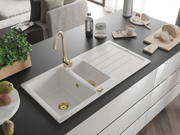 Mexen Andres 1.5-compartment granite sink with a drip tray and kitchen mixer tap Telma, White - 6515-20-670200-50